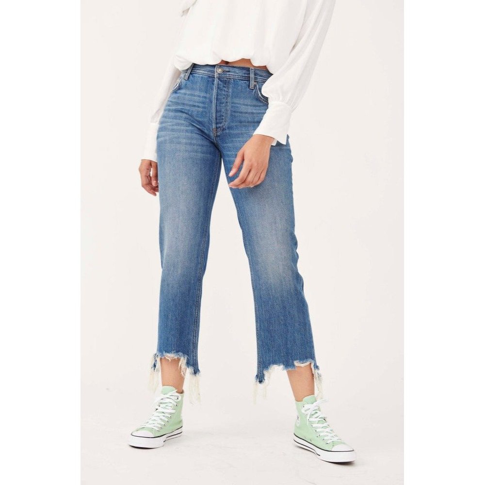 Free People We The Free Womens Maggie Mid Rise Straight Leg Jeans Frayed size 24